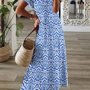 Women Geometric Short Sleeve Summer Printing Dress V Neck Daily Casual Maxi T-Shirt Dress X-Line Dress, JustFashionNow Casual Dresses, color:Blue|size:3XL,