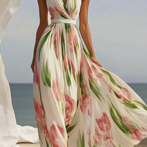 Vacation Floral V Neck Maxi Dress, Maxi Dresses, color:As Picture|size:XXL, Stylewe