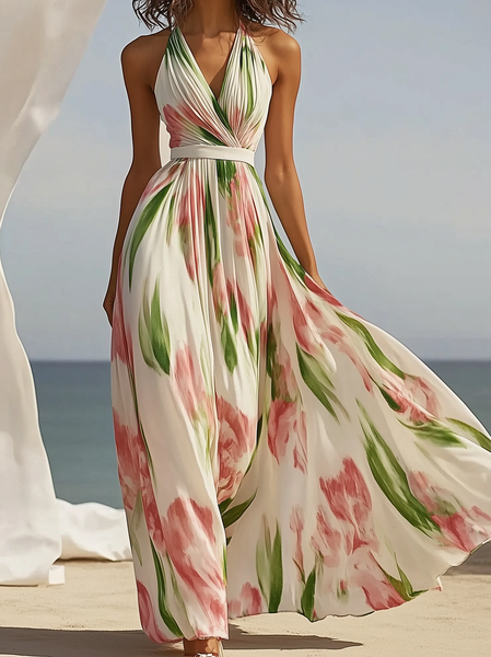 Vacation Floral V Neck Maxi Dress, Maxi Dresses, color:As Picture|size:XXL, Stylewe