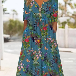 Women Floral Half Sleeve Summer Printing Dress Half Open Collar Daily Casual Maxi A-Line Dress, JustFashionNow Casual Dresses, color:Blue|size:5XL
