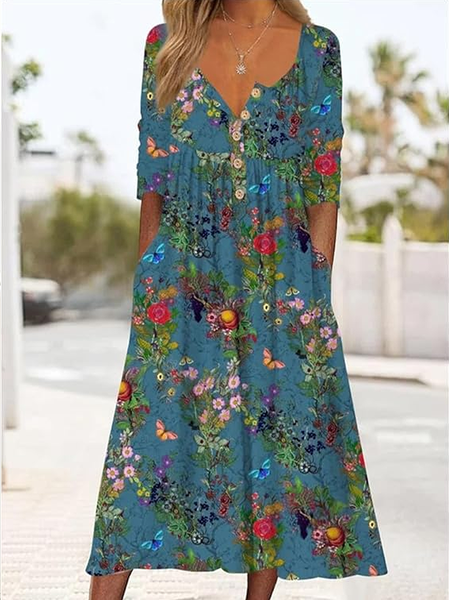 Women Floral Half Sleeve Summer Printing Dress Half Open Collar Daily Casual Maxi A-Line Dress, JustFashionNow Casual Dresses, color:Blue|size:5XL