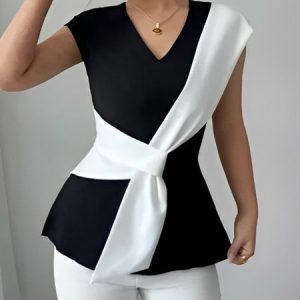 Urban Color Block Split Joint V Neck Blouse, Blouses and Shirts, color:Black-white|size:XXL, Stylewe