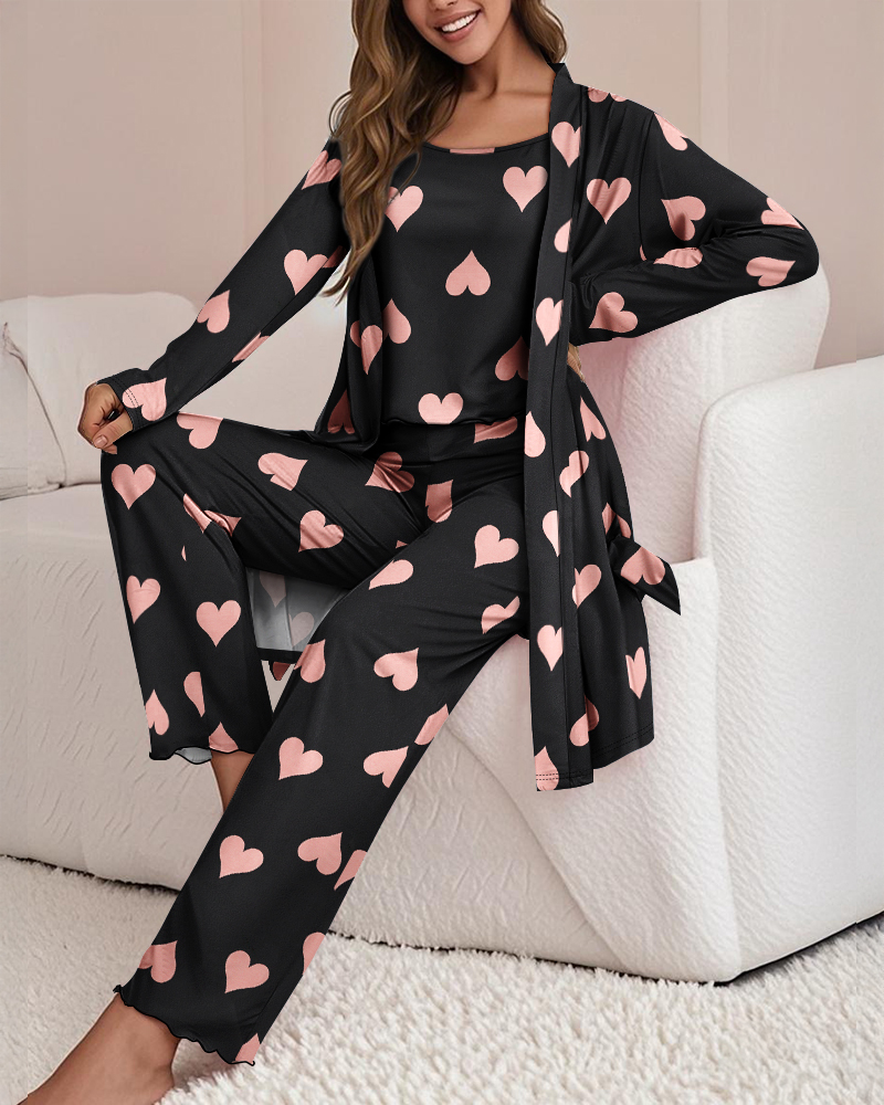 Heart Print Spaghetti Strap Tank and Ombre Cardigan and Casual Pajamas Set, women Pajamas Sets, ChicMe catalog