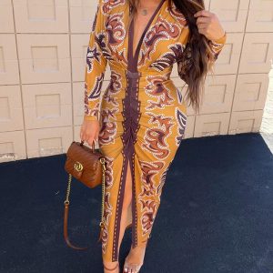 Vintage Floral Print Plunge V Neck Waist Ruched Dress Casual Slit Bodycon Midi Dress, women Print Dresses, ChicMe catalog