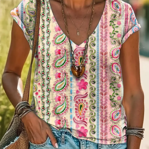 Casual Paisley V Neck Short Sleeve T-shirt, T-shirts, color:As Picture|size:4XL, catalog Noracora shop