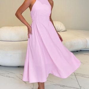 Sleeveless Shirred Backless Maxi Dress Casual Cinched Waist Zipper Back A Line Dress, women Casual Dresses, ChicMe catalog