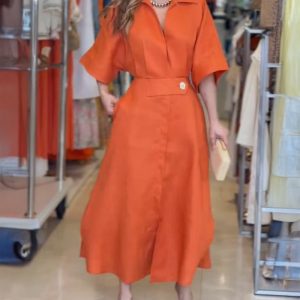Button Decor Turn-down Collar Half Sleeve Maxi Dress Casual Cinched Waist Slit Shirt Dress, women Shirt Dresses, ChicMe catalog