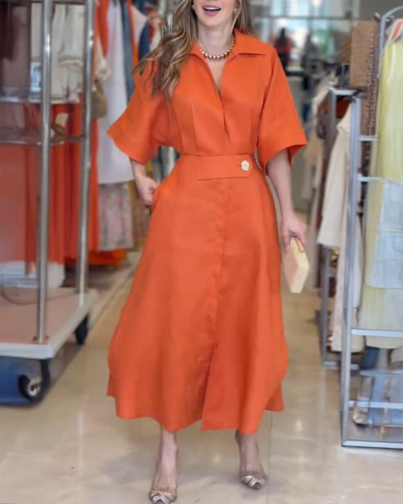 Button Decor Turn-down Collar Half Sleeve Maxi Dress Casual Cinched Waist Slit Shirt Dress, women Shirt Dresses, ChicMe catalog