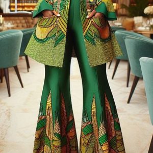 Urban Ethnic Print Flare Pants, Pants, color:Green|size:XXL, Stylewe