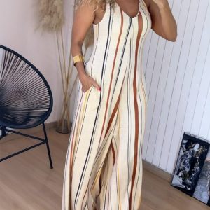 Striped V Neck Sleeveless Zipper Back Overalls Casual Shoulder Tied Wide Leg Jumpsuit With Pockets, women Jumpsuits, ChicMe catalog