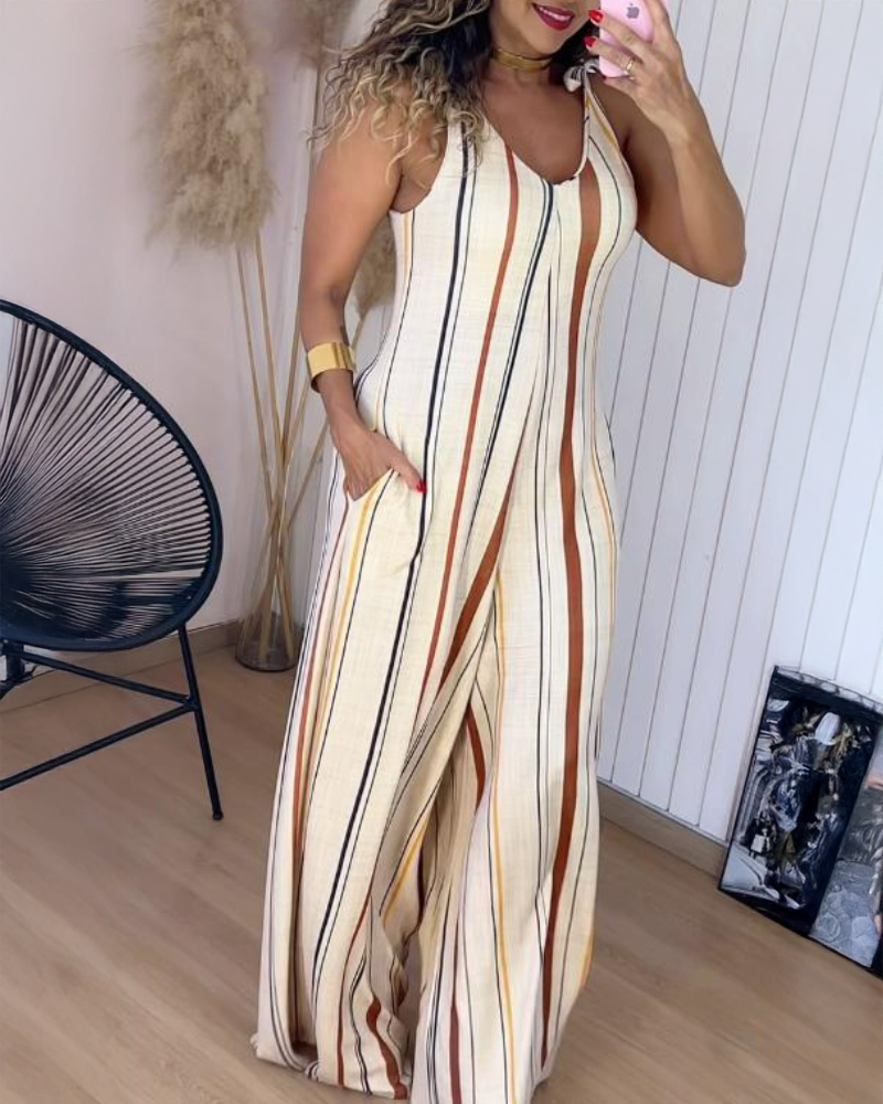 Striped V Neck Sleeveless Overalls Casual Shoulder Tied Wide Leg Jumpsuit With Pockets, women Jumpsuits, ChicMe catalog