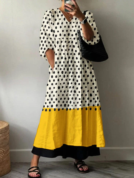 Women Polka Dots Half Sleeve Summer Printing Dress V Neck Daily Casual Maxi A-Line Dress, JustFashionNow Casual Dresses, color:As Picture|size:5XL,