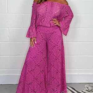 Lace Off the Shoulder Bell Sleeve Top and Casual Wide Leg Flared Pants Set, women Two-piece Sets, ChicMe catalog
