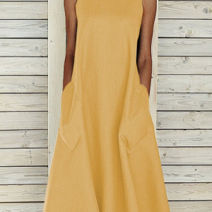 Women Plain Sleeveless Summer Printing Dress Crew Neck Daily Casual Maxi Fit & Flare Dress H-Line Dress, JustFashionNow Casual Dresses, color:Yellow|size:3XL,