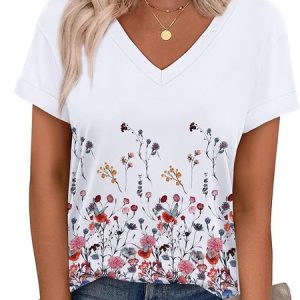 Casual Floral V Neck Short Sleeve T-shirt, T-shirts, color:White|size:4XL, catalog Noracora shop