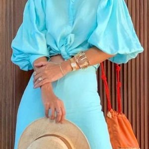 Cotton And Linen Casual Plain Ruched Stand Collar Balloon Sleeve Shirt, Blouses and Shirts, color:Blue|size:XXL, Stylewe
