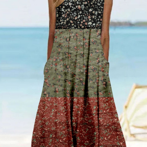 Women Multicolor Block Sleeveless Summer Dress Crew Neck Daily Vintage Maxi Tank A-Line Dress, JustFashionNow Dresses, color:As Picture|size:4XL,