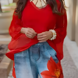 Casual V-Neck Loose Sheer Blouse, Blouses and Shirts, color:Red|size:XXL, Stylewe
