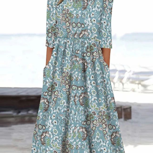 Women Floral Crew Neck Half Sleeve Comfy Casual Printing Maxi Dress, Dresses, color:Blue|size:5XL, catalog Noracora shop