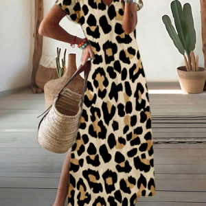 Women Leopard Short Sleeve Summer Printing Dress V Neck Daily Casual Maxi T-Shirt Dress X-Line Dress, JustFashionNow Casual Dresses, color:Brown|size:3XL,