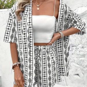 Women Striped Two-Piece Set Holiday Half Sleeve Vintage Summer Short Sets Matching Set, JustFashionNow Suit Set, color:Black-white|size:XXL,