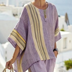 Casual Striped Printing Crew Neck Raglan Sleeves Blouse, Blouses and Shirts, color:Purple|size:XXL, Stylewe