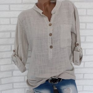 Women Plain Long Sleeve Shirt Spring/Fall V Neck Daily Casual Top, JustFashionNow Blouses, color:Apricot|size:5XL,