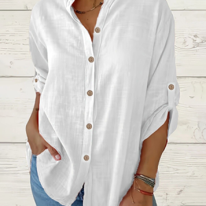 Women Plain Long Sleeve Shirt Spring/Fall Printing Stand Collar Daily Casual Top, JustFashionNow Shirts, color:White|size:5XL,