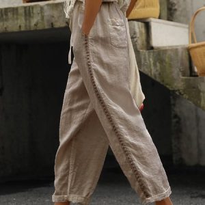 JFN Cotton Loose Casual Drawstring Plain Pants, JustFashionNow Pants, color:Khaki|size:XXL,