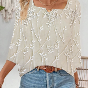 Women Floral Three Quarter Sleeve Blouse Spring/Fall Printing Notched Daily Casual Top, JustFashionNow Blouses, color:Apricot|size:XXL,