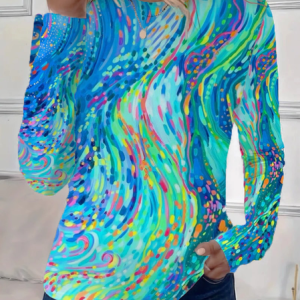 Women Abstract Long Sleeve Tee T-shirt Crew Neck Printing Casual Spring/Fall Graphic Tee Top, JustFashionNow T-Shirts, color:Cyan|size:XXL