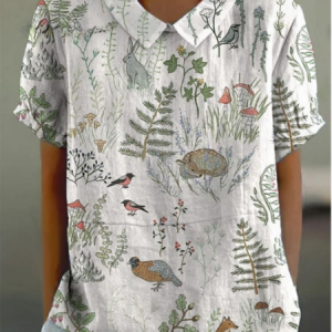 Women's Cute Plant Art Print Casual Cotton And Linen Blouse For Women, Blouses, color:White|size:4XL, catalog Noracora shop