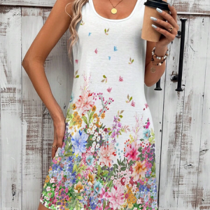Women Floral Sleeveless Summer Printing Dress Crew Neck Daily Casual Midi Tank X-Line Dress, JustFashionNow Casual Dresses, color:White|size:5XL,