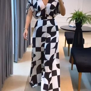 Geometric Print V-Neck Drawstring Short Sleeve Button Front Overalls Casual High Waist Zipper Back Wide Leg Jumpsuit, women Two-piece Sets, ChicMe catalog