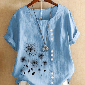 Women Floral Short Sleeve Shirt Summer Printing Crew Neck Daily Casual Top, JustFashionNow Shirts, color:Blue|size:4XL,