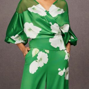 Elegant Satin Floral Printing V Neck Blouse, Blouses and Shirts, color:As Picture|size:XXL, Stylewe