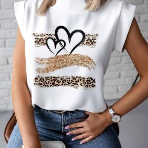 Leopard & Heart Print Mock Neck Flutter Sleeve Hollow-out Back Casual Top, women T-shirt & Tees, ChicMe catalog