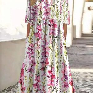 Women Floral Crew Neck Short Sleeve Comfy Casual Maxi Dress, Maxi, color:White|size:3XL, catalog Noracora shop