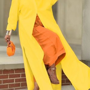 Casual Cotton Loose Split Long Shirt, Blouses and Shirts, color:Yellow|size:XS, Stylewe