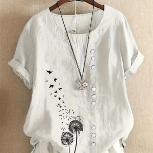 Crew Neck Short Sleeve Floral Printing Regular Micro-Elasticity Loose Shirt For Women, Blouses, color:White|size:4XL, catalog Noracora shop