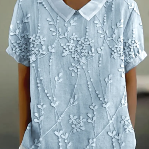 Shirt Collar Short Sleeve Floral Regular Micro-Elasticity Regular Fit Shirt For Women, Shirts, color:Light Blue|size:4XL, catalog Noracora shop