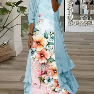 Women Floral Printing Two-Piece Set Daily Three Quarter Sleeve Casual Spring/Fall Dress With Coat Matching Set, JustFashionNow 2-Piece Dresses, color:Blue|size:XXL,