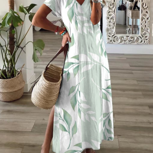 Women Floral Summer Printing Dress V Neck Short Sleeve T-Shirt Dress X-Line Dress, Dresses, color:Green|size:3XL, catalog Noracora shop