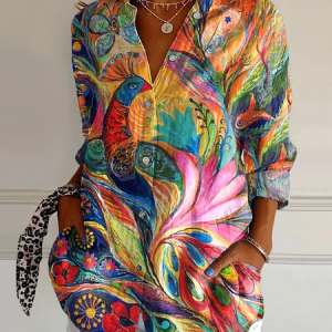 Women Phoenix Long Sleeve Shirt Spring/Fall Buckle Shirt Collar Daily Casual Top, JustFashionNow Shirts, color:As Picture|size:4XL,
