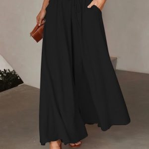Wide Leg High Waisted Drawstring Flowy Palazzo Pants with Pockets, JustFashionNow Pants, color:Black|size:XXL,