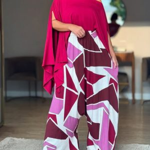 2 Pieces Outfit Cold Shoulder Batwing Sleeve Slit Top and Geometric Print Elastic Waist Casual Wide Leg Pants Set(Without Belt), women Two-piece Sets, ChicMe catalog