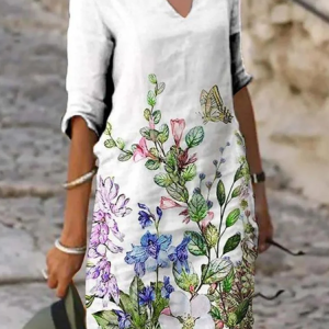 Women Floral Half Sleeve Summer Printing Dress V Neck Daily Casual Mini Shift Dress H-Line Dress, JustFashionNow Casual Dresses, color:White|size:3XL,