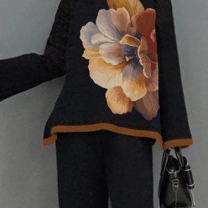 Casual Turtleneck Floral Long Sleeve Loose Sweater, Blouses and Shirts, color:Black-brown|size:XXL, Stylewe