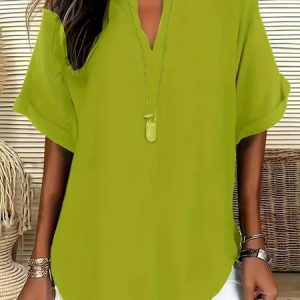 Shawl Collar Half Sleeve Plain Regular Loose Blouse For Women, Blouses, color:Yellow|size:XXL, catalog Noracora shop