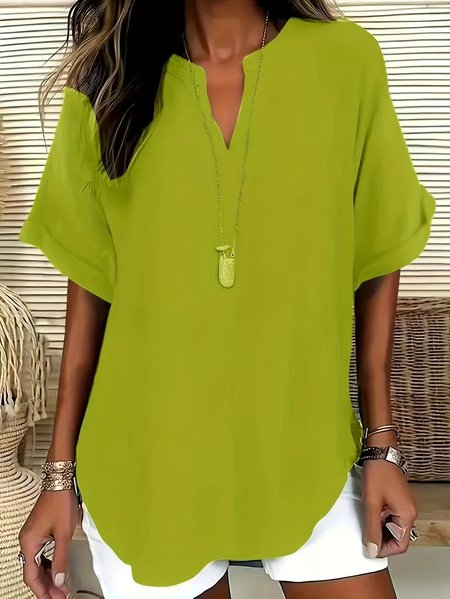 Women Plain Half Sleeve Blouse Summer Shawl Collar Daily Casual Top, JustFashionNow Shirts, color:Yellow|size:XXL